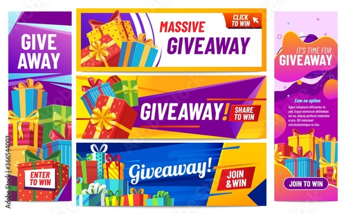 Giveaway colorful banners. Giving gifts, present boxes with ribbons. Winning award or prize in contest for social media posts. Internet blogger announcement, random quiz vector illustration
