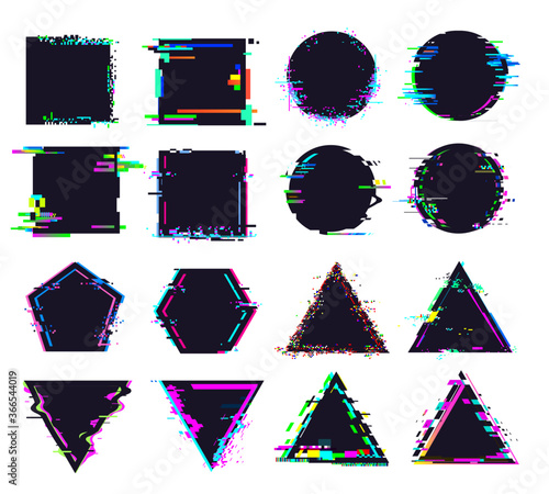 Glitch black frames of different shape. Distorted signal, square and round, triangle and polygonal figures. Destroyed geometric shapes set with noise for logo isolated vector illustration