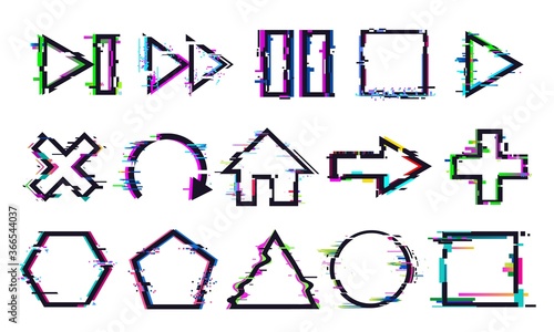 Glitch buttons. Music and game control icons with distorted effect. Play, stop or pause and rewind, refresh symbols with digital noise. Geometric shapes frames or borders vector illustration