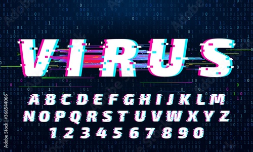Glitch font. Letters and numbers with digital noise. Distorted alphabet typeset with tv signal glitches. Latin or english lettering in futuristic style. Trendy abc typeset vector illustration