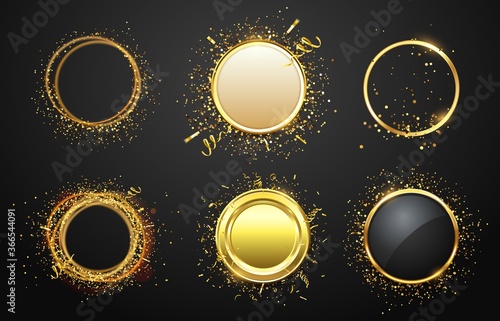 Golden frames with confetti. Glaring and shining borders in luxury style. Empty space for text. Modern circle frame with gold tapes isolated set for advertisement vector illustration