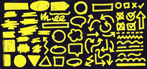 Highlight marker lines on black background. Doodle check marks with tick and cross in box. Curvy and dashed lines and geometric shapes. Arrow in different direction vector illustration