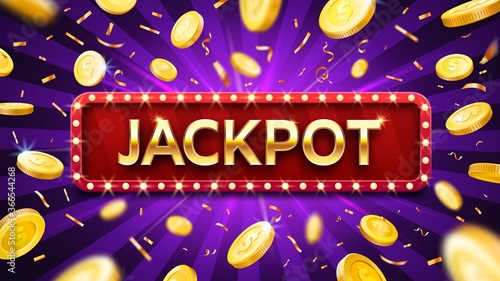 Jackpot banner with falling gold coins and confetti. Casino or lottery advertising template. Winning money, Prize in gambling game. Congratulations with dollars vector illustration