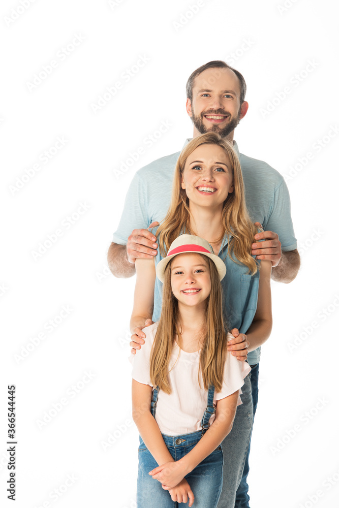 happy family smiling at camera isolated on white happy family smiling at camera isolated on white