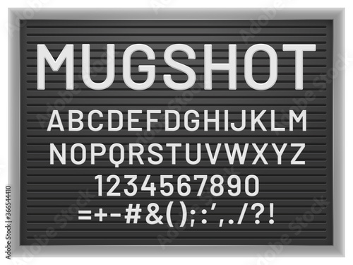Mugshot letter board. Black frame with white plastic changeable letters and numbers for messages  vector mockup for banner or menu signs. Alphabet  numbers and punctuation marks illustration