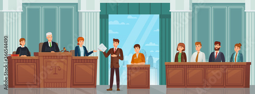 Judicial process. Public hearing and criminal procedure in court or tribunal with judges, lawyer and jury. Courtroom interior vector concept. Attorney giving speech to judge, convict sitting