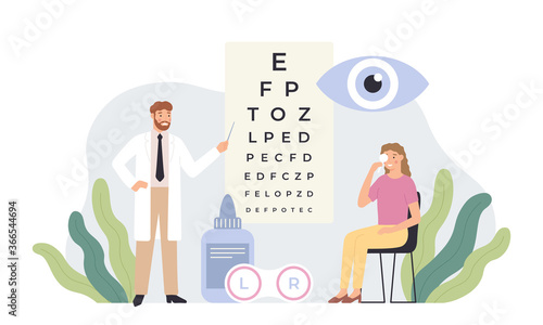 Ophthalmologist checking vision. Eye healthcare test, ophthalmology diagnostics and professional ophthalmologists in white coats vector illustration. Oculist doing eyesight examination