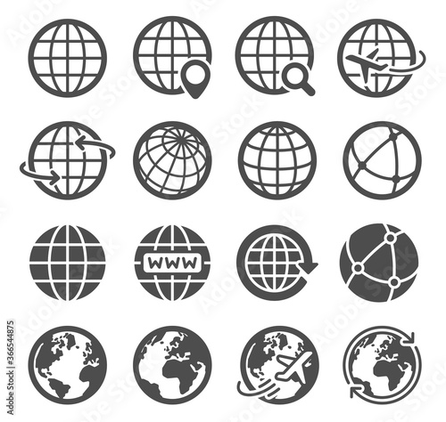 Earth globe icons. Worldwide map spherical planet, geography continent contour, world orbit global communication tourism logo vector symbols. Internet search, flying plane pictograms
