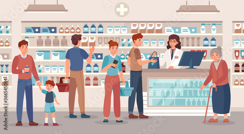 Pharmacy store. Pharmacist sells various medications people, medical consultation and buying medication in drugstore vector illustration. Old woman, man and woman with basket buy pills