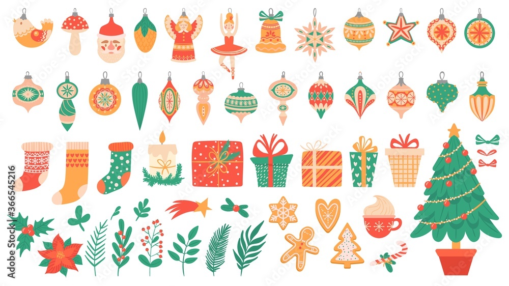 Christmas flat elements. Festive trees with toys and garlands, gingerbread, xmas socks and gift box colorful New Year vector decoration. Plants holly berry fir tree branch. Candy cane, hot chocolate Christmas flat elements. Festive trees with toys and garlands, gingerbread, xmas socks and gift box colorful New Year vector decoration. Plants holly berry fir tree branch. Candy cane, hot chocolate