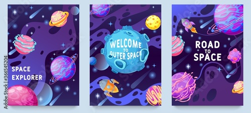 Fantasy planets kids posters. Multicolor cosmic objects, space galaxy world design for flyer, magazine, poster or book cover vector set. Welcome to outer space, exploration on rocket or spaceship