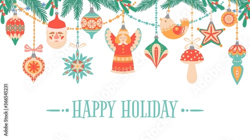 Merry Christmas. Holidays greeting card with traditional new year accessories and happy texting, colorful postcard flat vector template. Xmas decorative toys with fir tree green branches