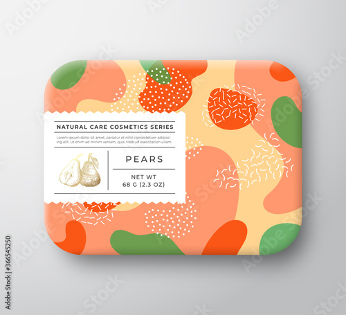 Fruits Bath Cosmetics Box. Vector Wrapped Paper Container with Care Label Cover. Packaging Design. Modern Typography and Hand Drawn Pears. Abstract Camo Background Pattern Layout.