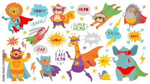 Superhero animals. Cute hero animals with capes and playful masks, brave funny animal comic speech bubbles, cartoon vector characters. Lion and monkey, bunny and bear, cat and giraffe, elephant