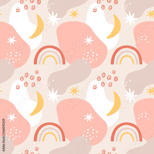 Abstract shapes seamless pattern. Hand drawn trendy brush strokes, grunge collage, bright stains for textile print, vector texture. Pastel pink colors, rainbow with moon and stars and drops