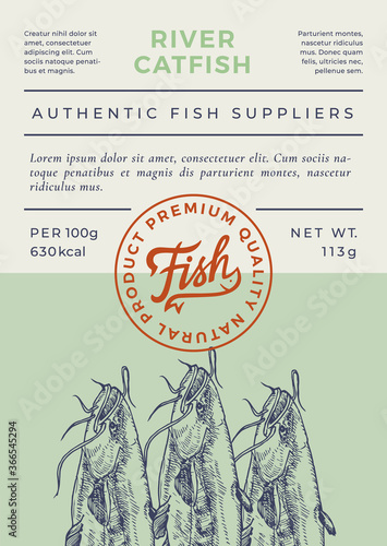 River Fish Abstract Vector Packaging Design or Label. Modern Typography Banner, Hand Drawn Catfish Silhouette with Lettering Logo Stamp. Color Paper Background Layout.