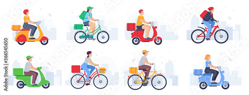Scooter delivered. Guy courier in helmet on bike carries parcel, fast food. Delivery product with moped in urban landscape vector set. Woman and man characters with backpack, hat on bicycle