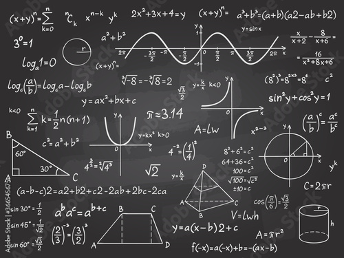 Math formula. Mathematics calculus on school blackboard. Algebra and geometry science chalk pattern vector education concept. Scientific analysis, number calculation, complex knowledge photo