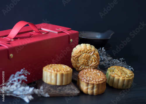 Photography Traditional Baked Mooncake on Dark Background