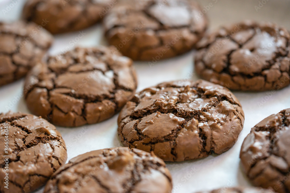 Closed up of brownie cookies on the baking plate. Food background, bakery and dessert.