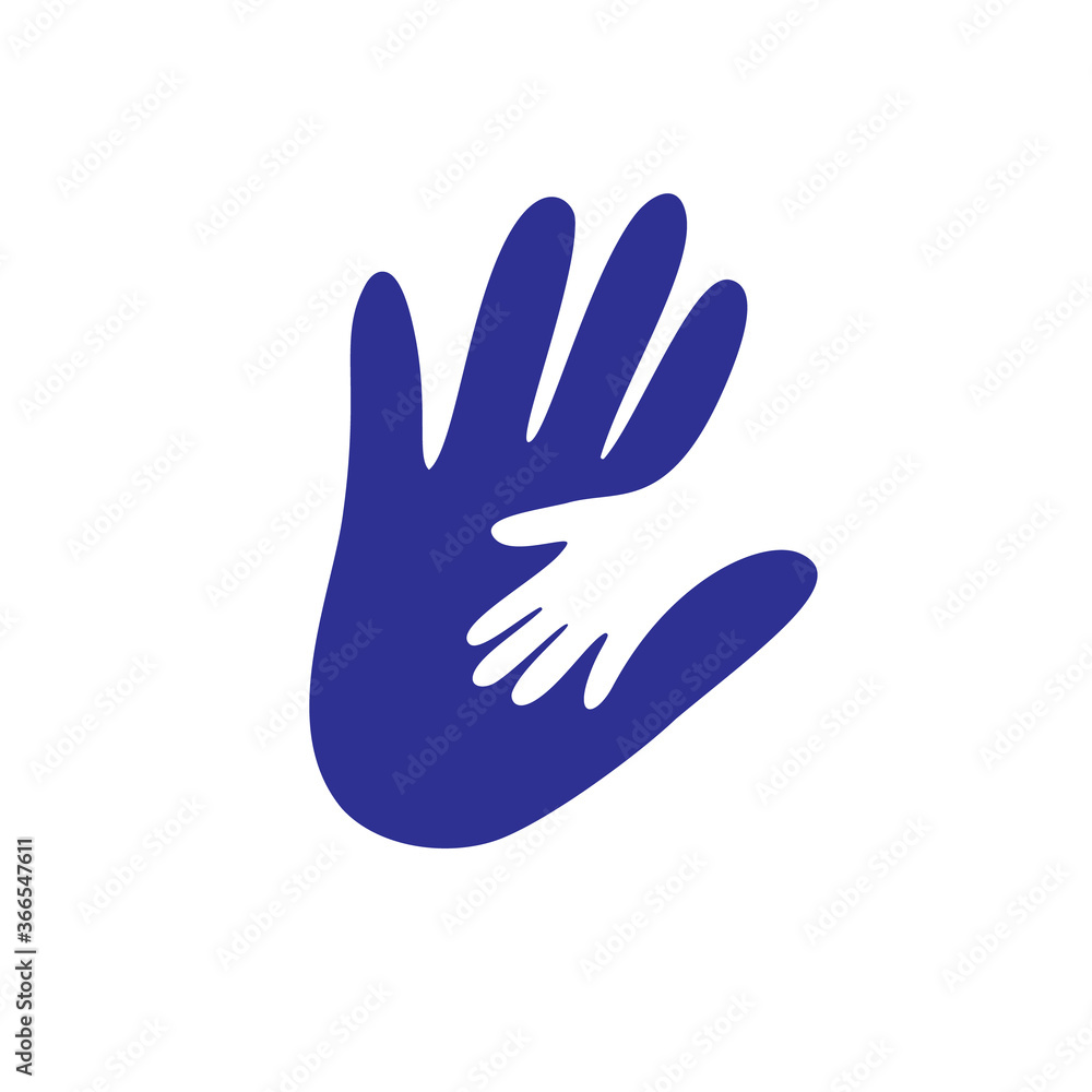 Parent and child s hand together logo. Concept vector graphic. This illustration shows the relationship between parent and children. The kid s hand is placed over the father or mother hand Parent and child s hand together logo. Concept vector graphic. This illustration shows the relationship between parent and children. The kid s hand is placed over the father or mother hand