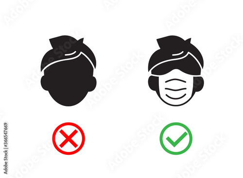 No Face Mask No Entry. Man in wrong and right wear mask Icon. Notice Safety, Coronavirus precautions. Mask required warning prevention sign. Wear dust mask. Vector illustration, white background