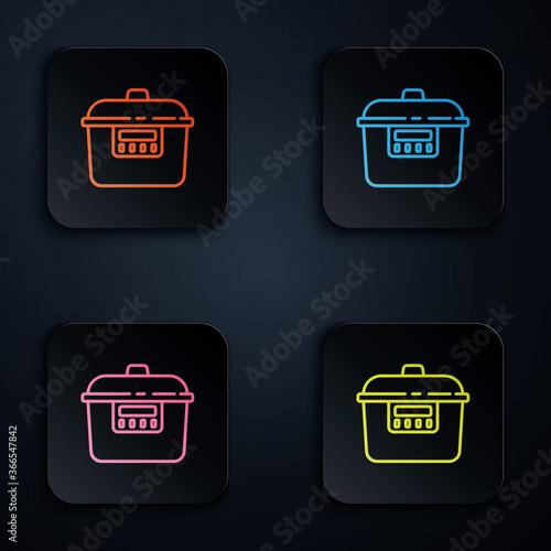 Color neon line Slow cooker icon isolated on black background. Electric pan. Set icons in square buttons. Vector.