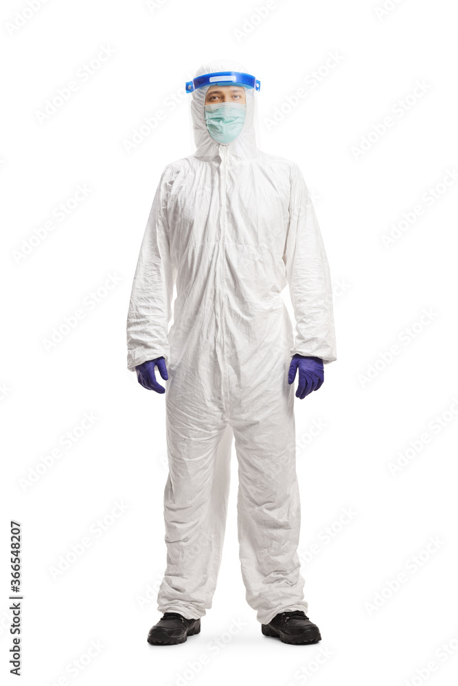 Man in a hazmat suit gesturing stop with hand isolated on white background Man in a hazmat suit gesturing stop with hand isolated on white background