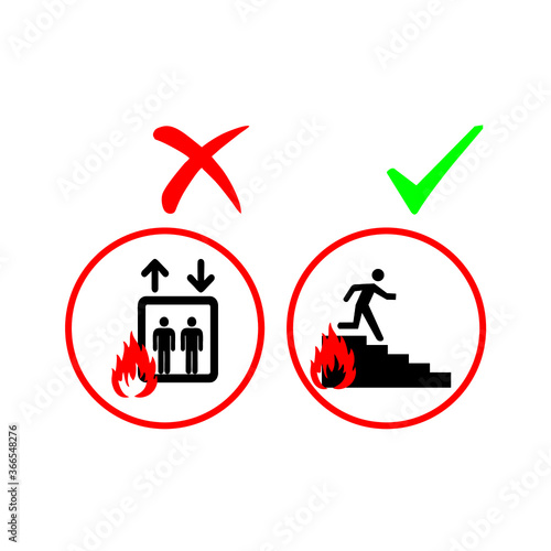 Vector illustration signage of Do not use elevator in case of fire. Do not use lift in case of fire symbol. Right way and wrong way to use lift in case of fire. 
