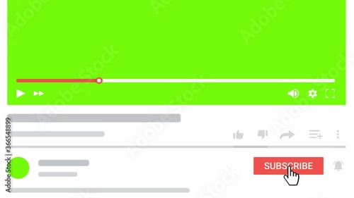 Zoom out animation from video channel, click subscribe button. Green Screen. 4K resolution.