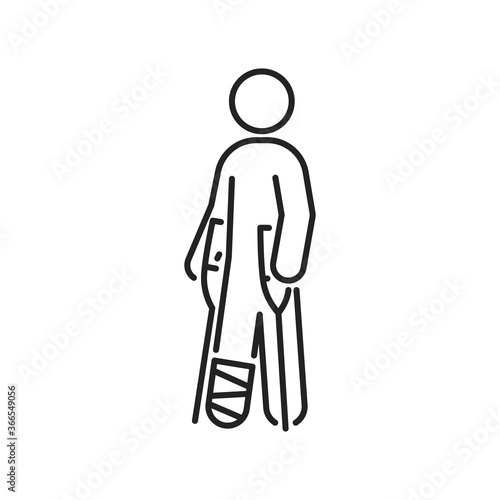 Man on crutches black line icon. Rehabilitation after injury. Isolated vector element. Outline pictogram for web page, mobile app, promo.