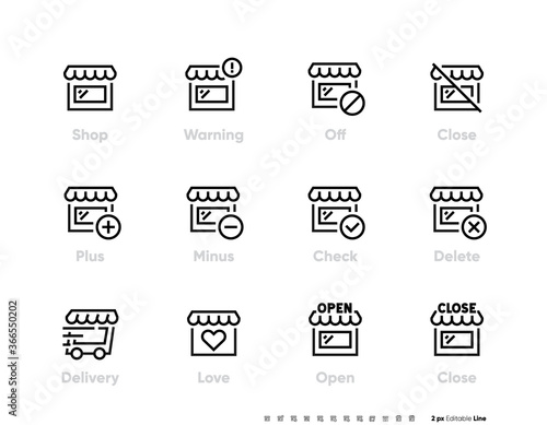 Marketplace or Shop icon. Open, Closed and other Shop Statuses. Store editable line vector illustration set.