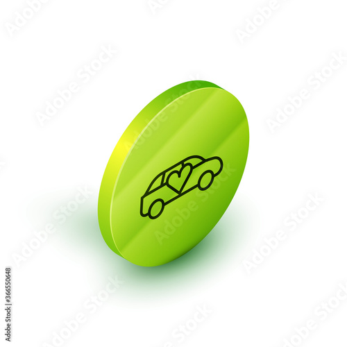 Isometric line Luxury limousine car icon isolated on white background. For world premiere celebrities and guests poster. Green circle button. Vector.