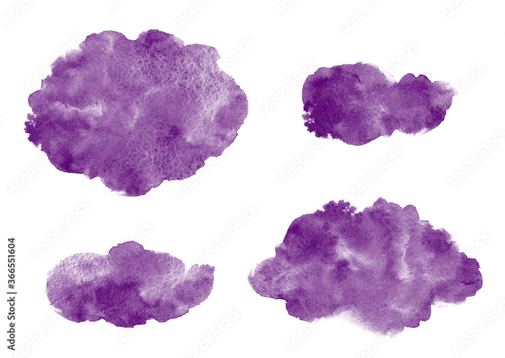 Dark purple watercolor strokes, oval, rounded cloud shapes, uneven elliptic spots, smears, smudges set. Plum violet watercolour stains brush drawn painted templates. Texture, frame, text background.