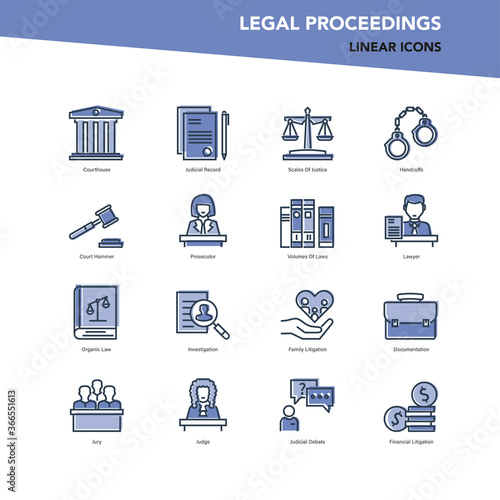 Vector set of color line icons of legal proceedings and law