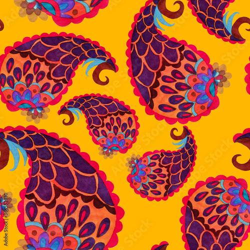 Watercolor seamless pattern with paisley. Traditional print. Textile design t...