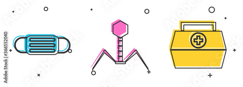 Set Medical protective mask, Bacteria bacteriophage and First aid kit icon. Vector.