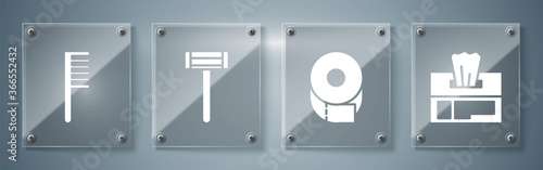 Set Wet wipe pack, Toilet paper roll, Shaving razor and Hairbrush. Square glass panels. Vector.
