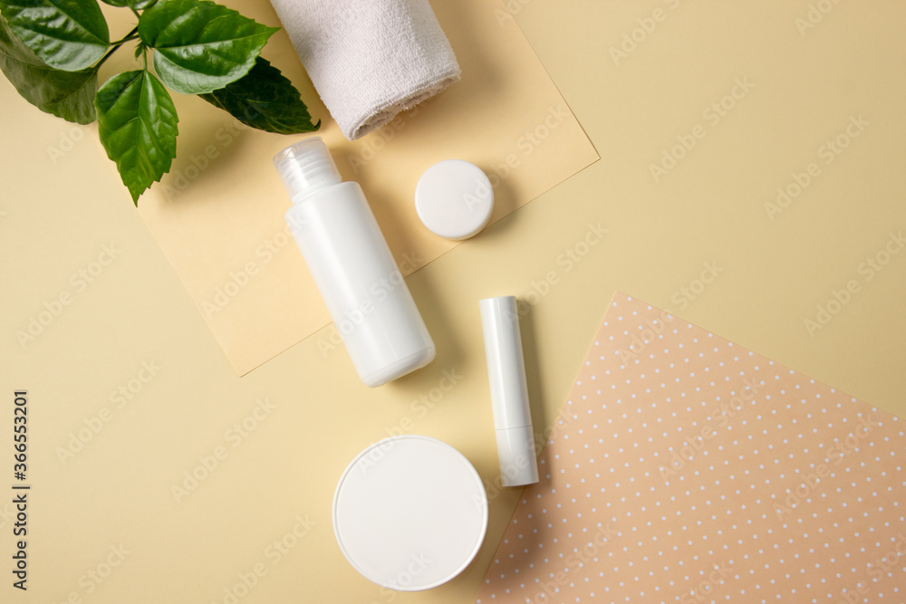 Flat lay natural cosmetics. Cosmetic jars and bottles with cream, face mask, serum, peeling and lotion. Organic cosmetics, home facial and body care. Flat lay natural cosmetics. Cosmetic jars and bottles with cream, face mask, serum, peeling and lotion. Organic cosmetics, home facial and body care.