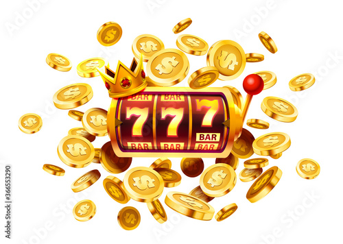 Slots 777 banner, golden coins jackpot, Casino 3d cover, slot machines and roulette with cards. Vector
