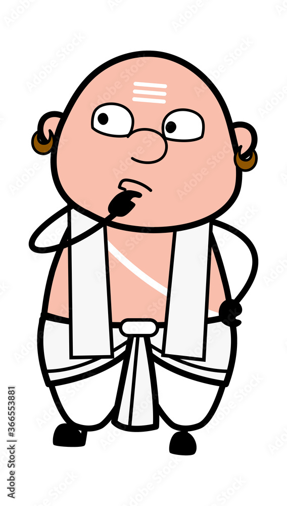 Cartoon South Indian Pandit thinking seriously