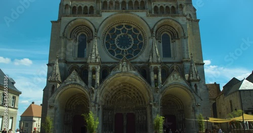 Laon Cathedral on hot summer day with blue sky, pan down, Cathédrale Notre-Dame de Laon