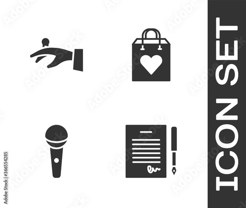 Set Marriage contract, Wedding rings hand, Microphone and Shopping bag with heart icon. Vector.