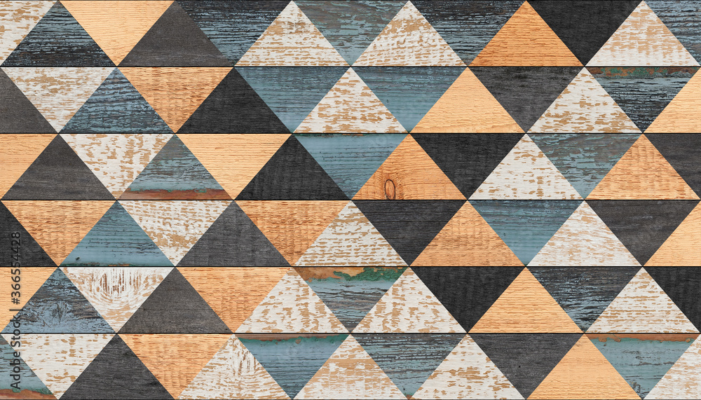 Colorful wall with triangle pattern made of painted wooden tiles. Wood texture background. Colorful wall with triangle pattern made of painted wooden tiles. Wood texture background.
