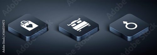 Set Isometric Shopping bag with heart, Male gender symbol and Bedroom icon. Vector.