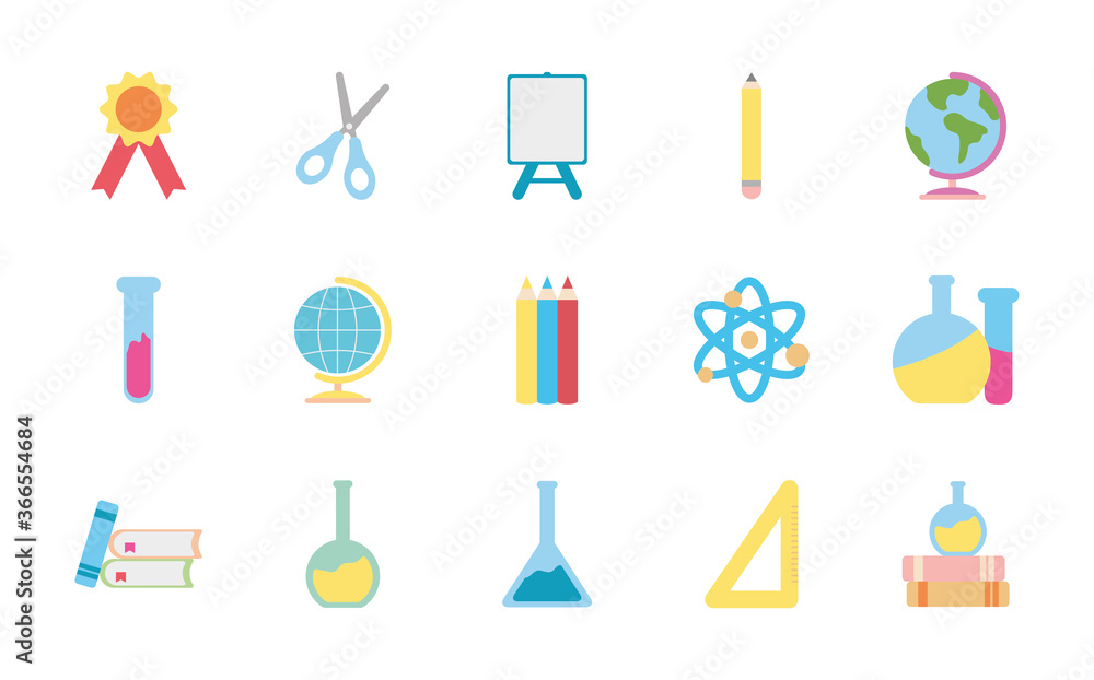 icon set of chemical flasks and back to school, flat style icon set of chemical flasks and back to school, flat style