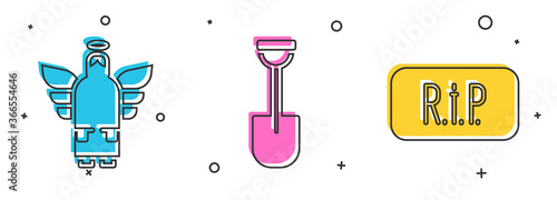 Set Christmas angel, Shovel and Speech bubble rip death icon. Vector.