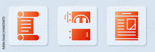 Set Crematorium, Decree, parchment, scroll and Obituaries. White square button Vector illustration