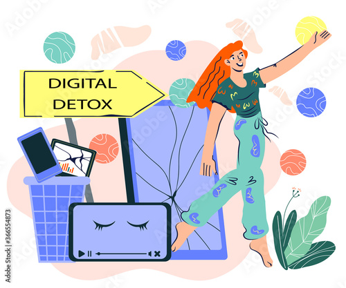 Digital  detox and day free of devices concept  with woman character among switched of gadgets. Internet, social media  and phone addiction. Cartoon vector illustration.