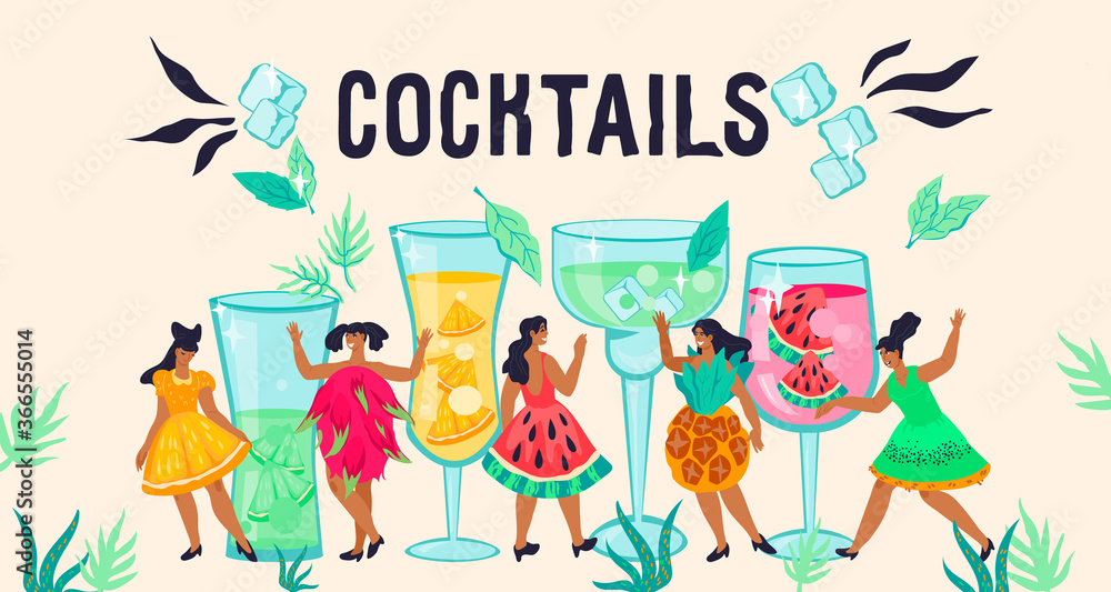 Fototapeta premium Banner for cocktail party and bar decoration with fancy women characters among huge fruit beverages. Summer party poster or site interface flat vector illustration.